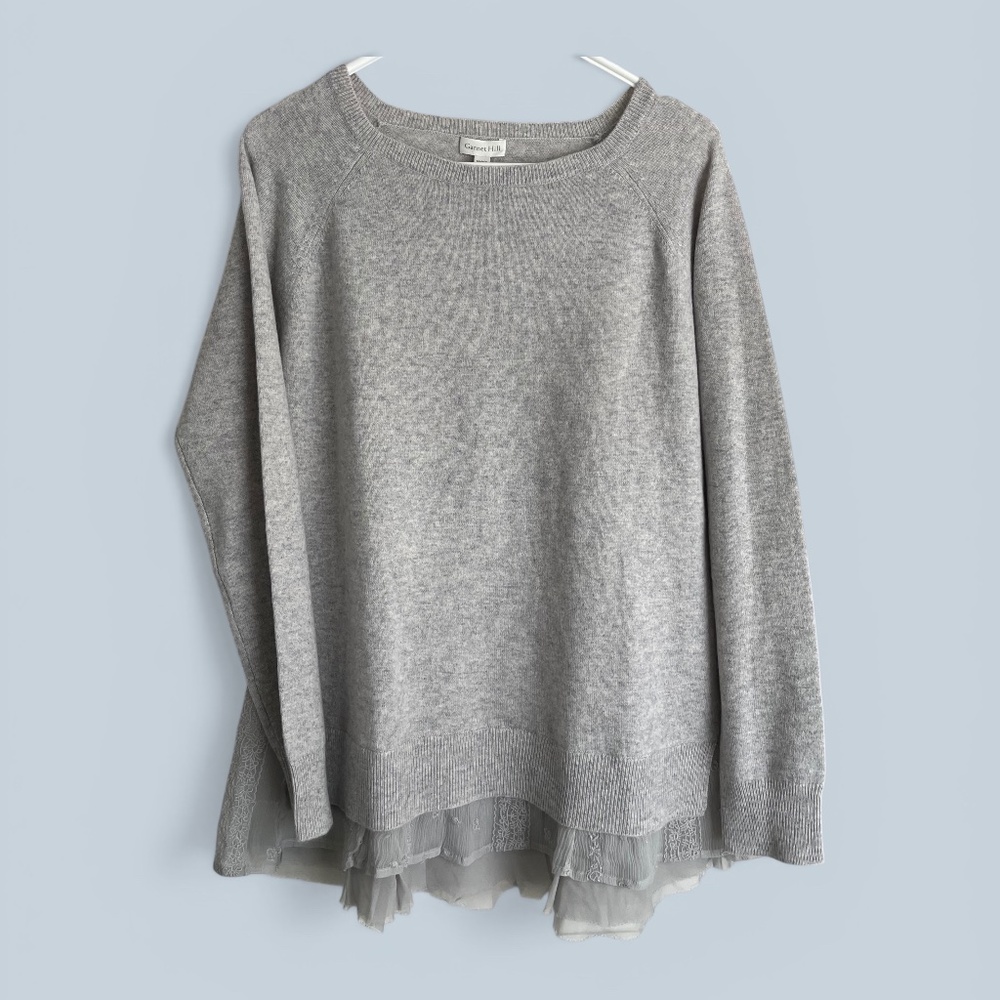 Garnet Hill Gray Cashmere Sweater with Chiffon and Lace Hem Size M